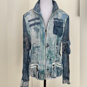 CATIVA Zip Up Blouse Sheer Crochet Back Graffiti Design Blue Zip Pockets Artsy
